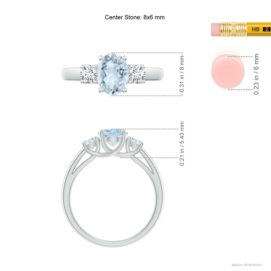 8x6mm A Oval Aquamarine and Round Diamond Three Stone Ring in White Gold ruler
