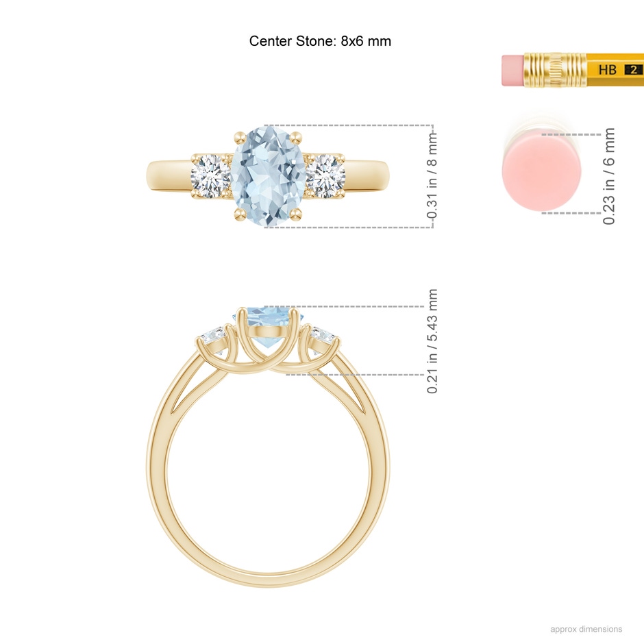 8x6mm A Oval Aquamarine and Round Diamond Three Stone Ring in Yellow Gold ruler