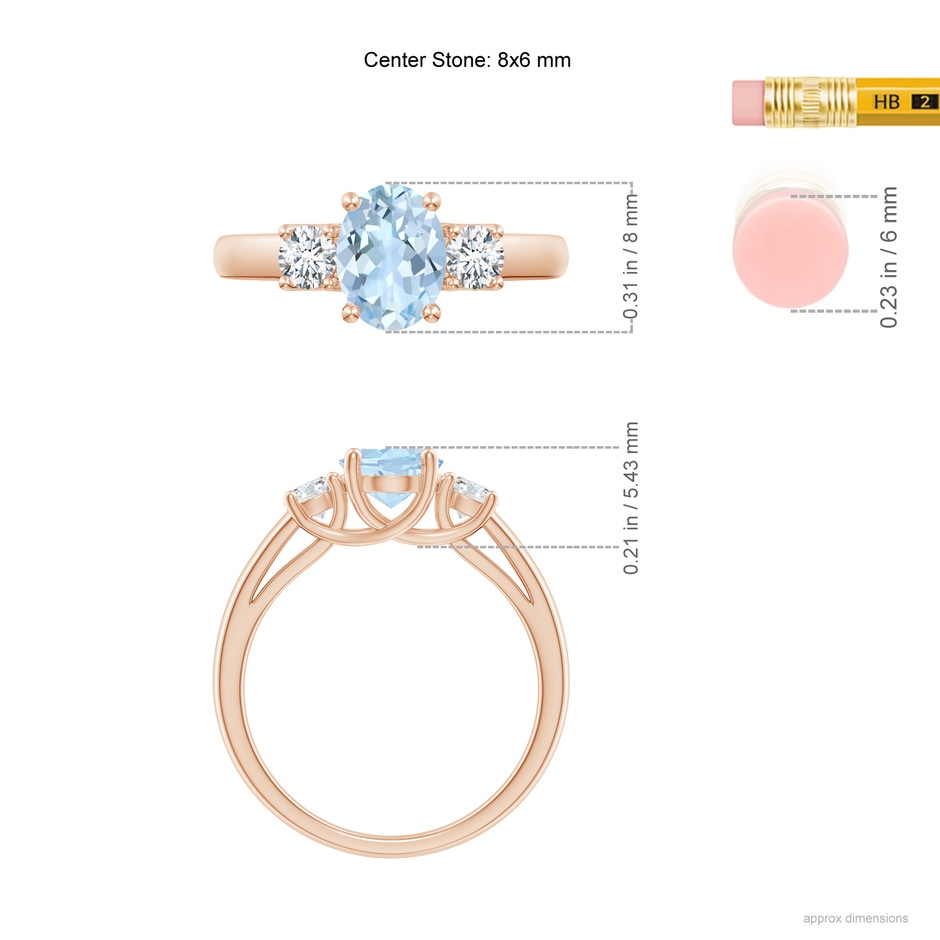 8x6mm AA Oval Aquamarine and Round Diamond Three Stone Ring in Rose Gold ruler