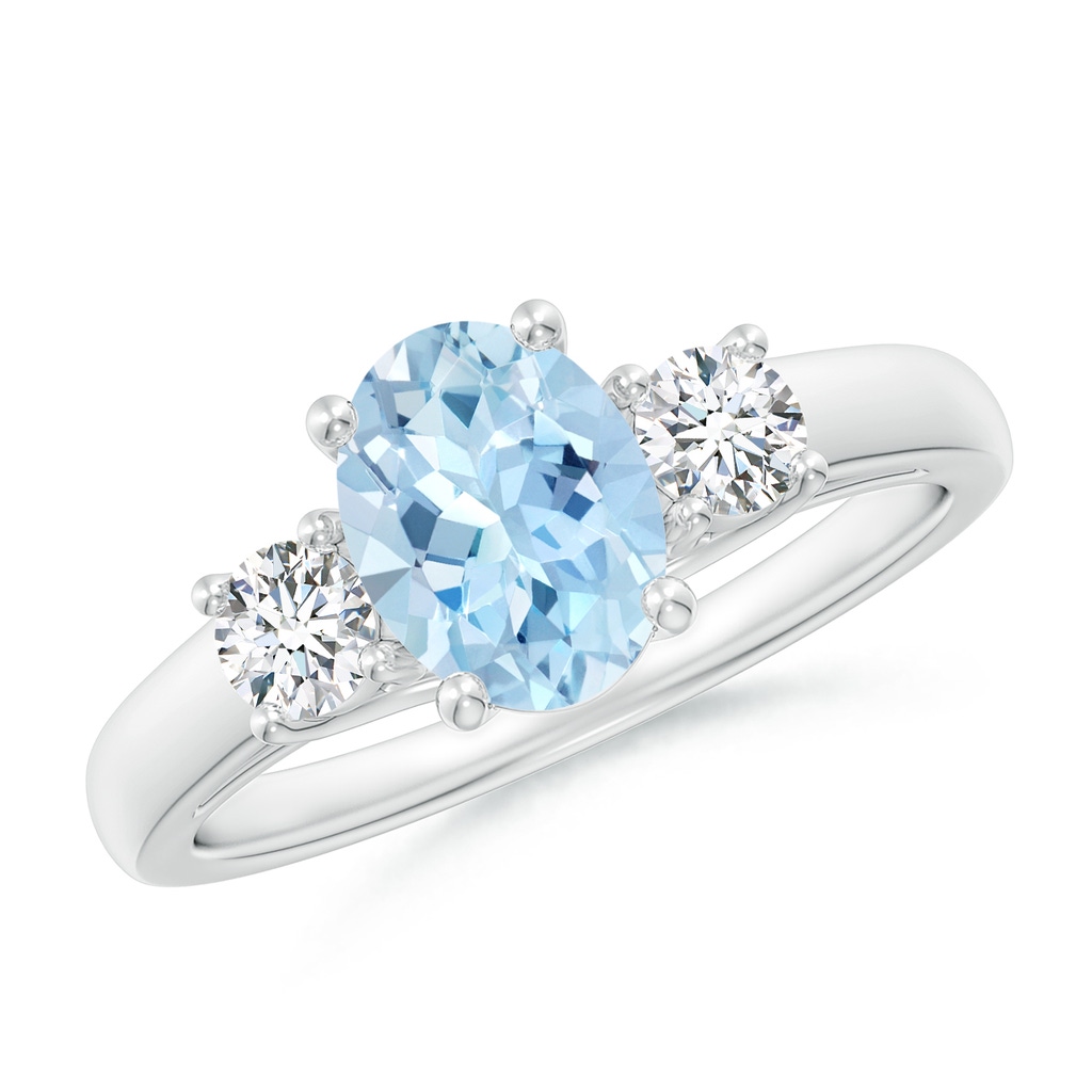 8x6mm AAA Oval Aquamarine and Round Diamond Three Stone Ring in White Gold