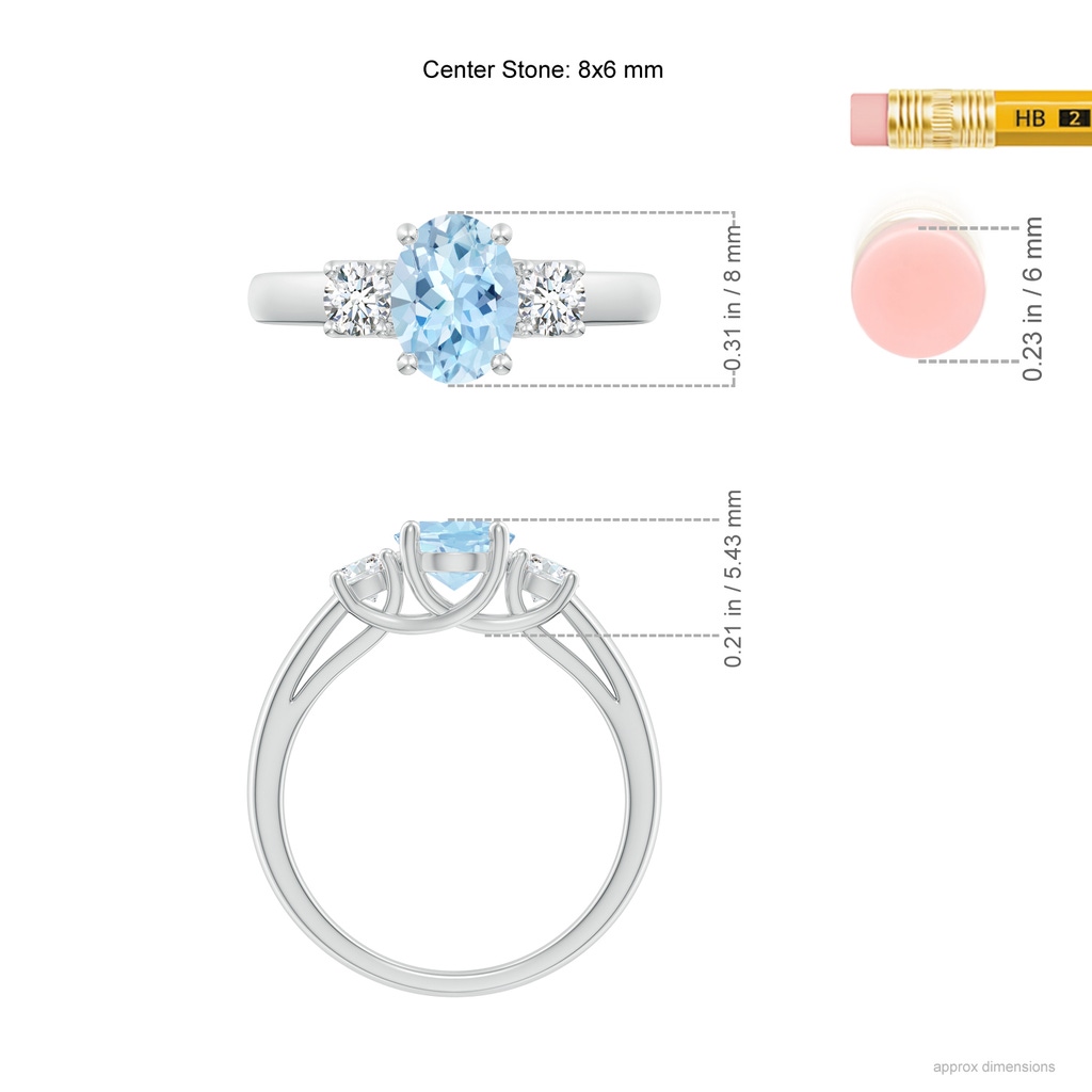 8x6mm AAA Oval Aquamarine and Round Diamond Three Stone Ring in White Gold Ruler