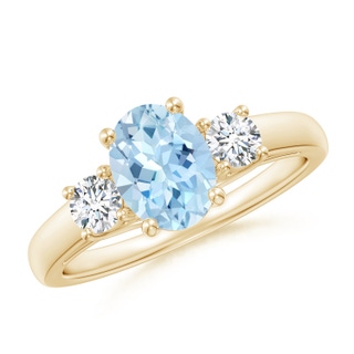 8x6mm AAA Oval Aquamarine and Round Diamond Three Stone Ring in Yellow Gold