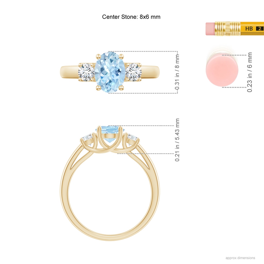 8x6mm AAA Oval Aquamarine and Round Diamond Three Stone Ring in Yellow Gold Ruler