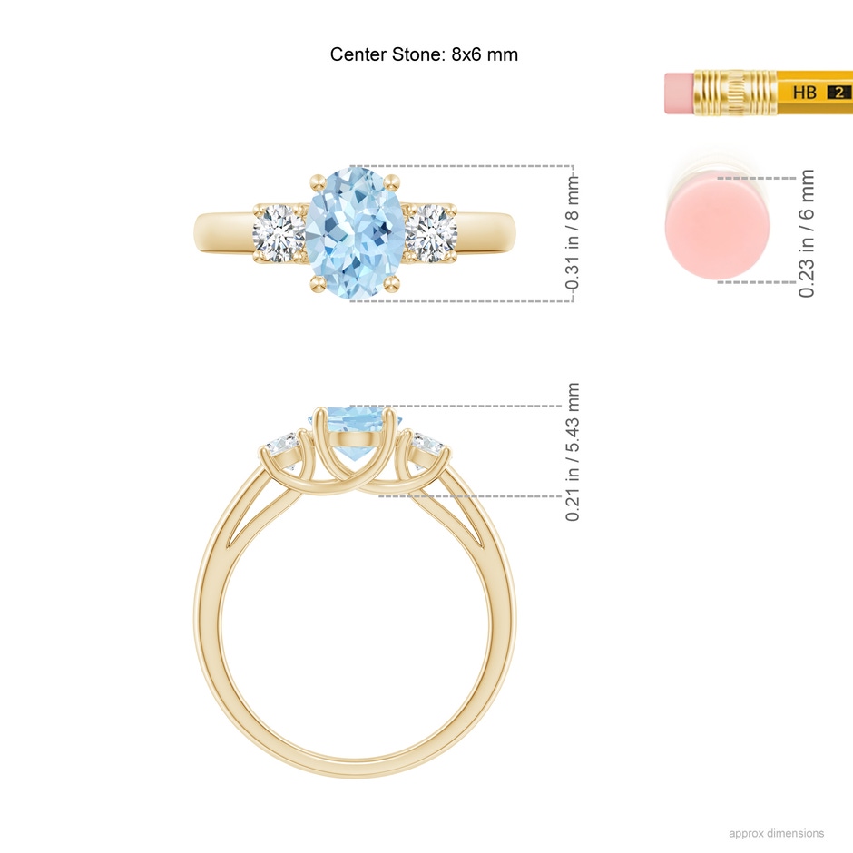 8x6mm AAA Oval Aquamarine and Round Diamond Three Stone Ring in Yellow Gold ruler