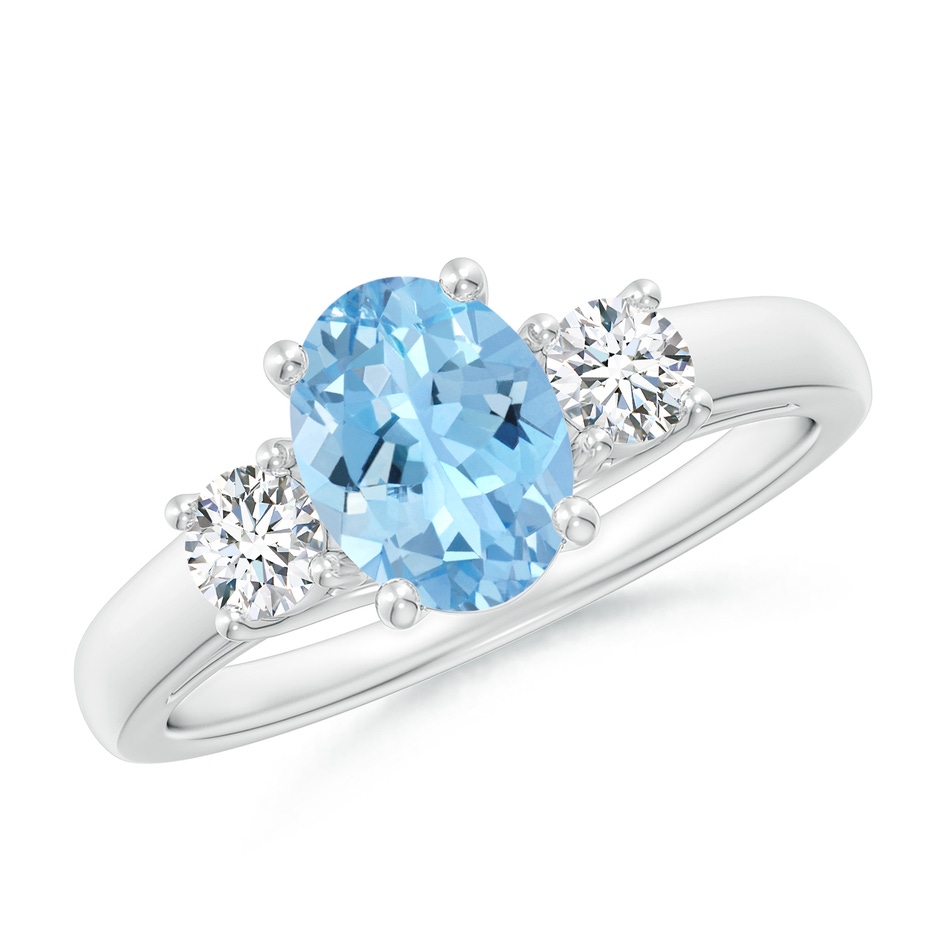 8x6mm AAAA Oval Aquamarine and Round Diamond Three Stone Ring in White Gold 