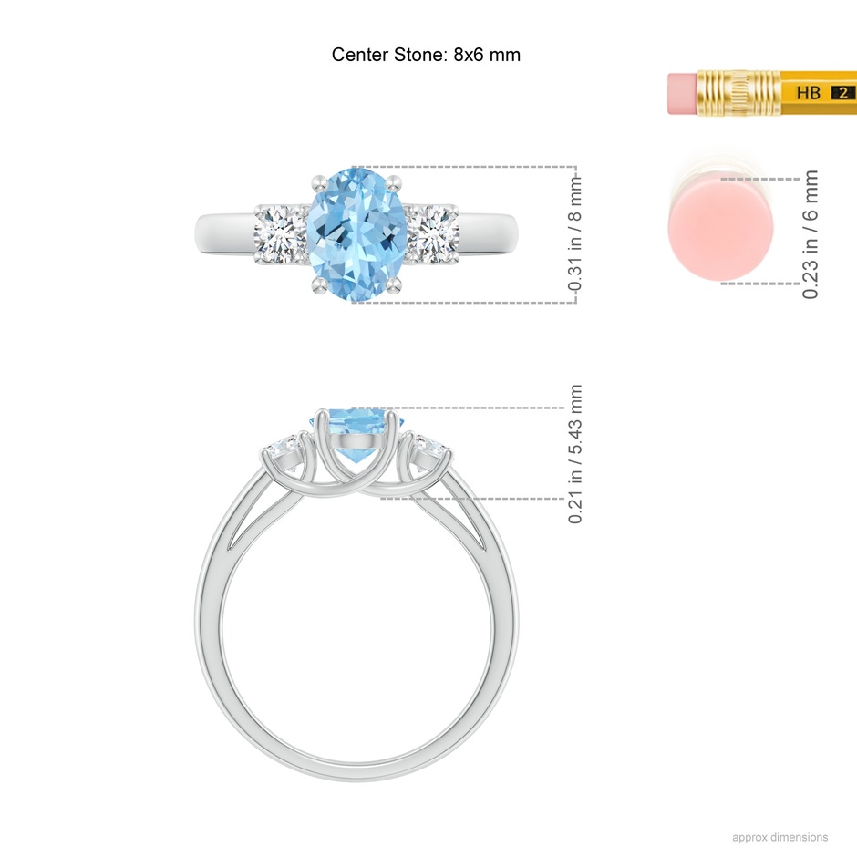 8x6mm AAAA Oval Aquamarine and Round Diamond Three Stone Ring in White Gold ruler