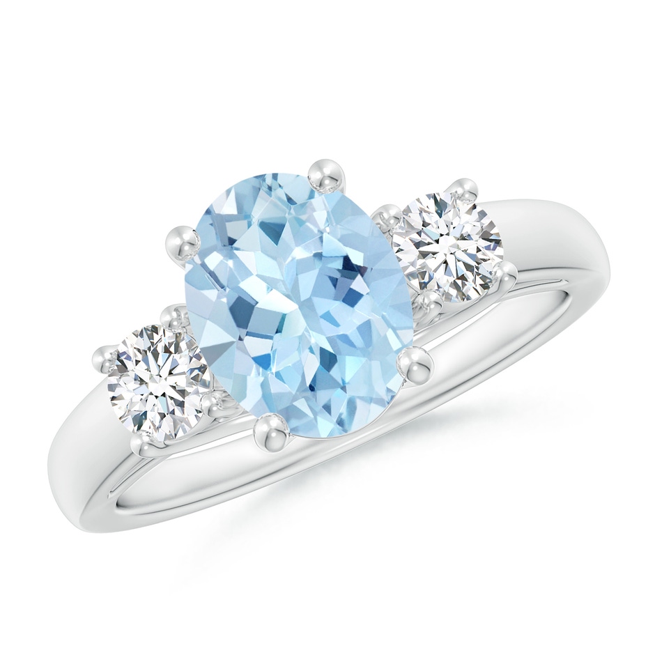 9x7mm AAA Oval Aquamarine and Round Diamond Three Stone Ring in White Gold 