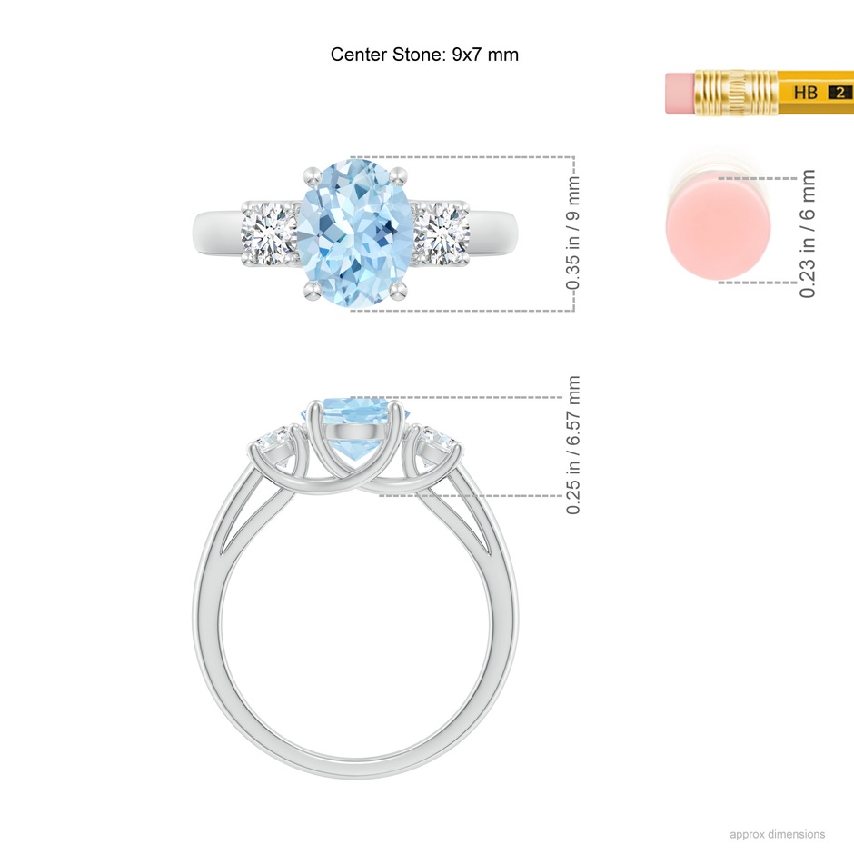 9x7mm AAA Oval Aquamarine and Round Diamond Three Stone Ring in White Gold ruler