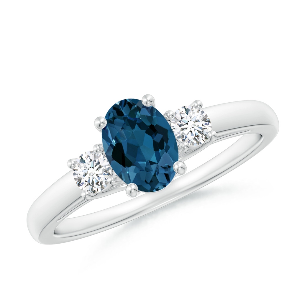 7x5mm AAA Oval London Blue Topaz and Round Diamond Three Stone Ring in White Gold