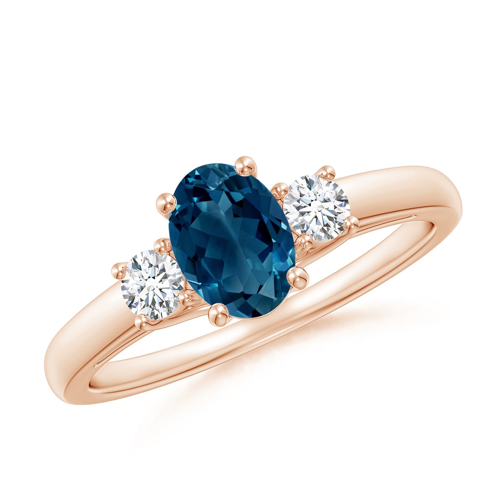 7x5mm AAAA Oval London Blue Topaz and Round Diamond Three Stone Ring in Rose Gold