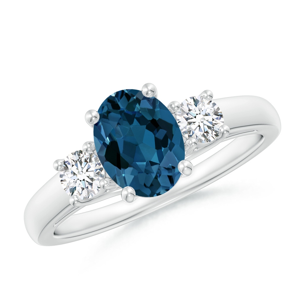 8x6mm AAA Oval London Blue Topaz and Round Diamond Three Stone Ring in White Gold