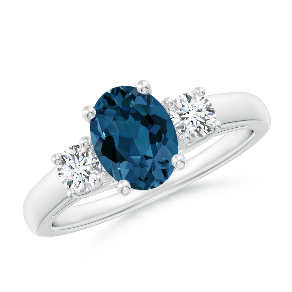 8x6mm AAA Oval London Blue Topaz and Round Diamond Three Stone Ring in White Gold 