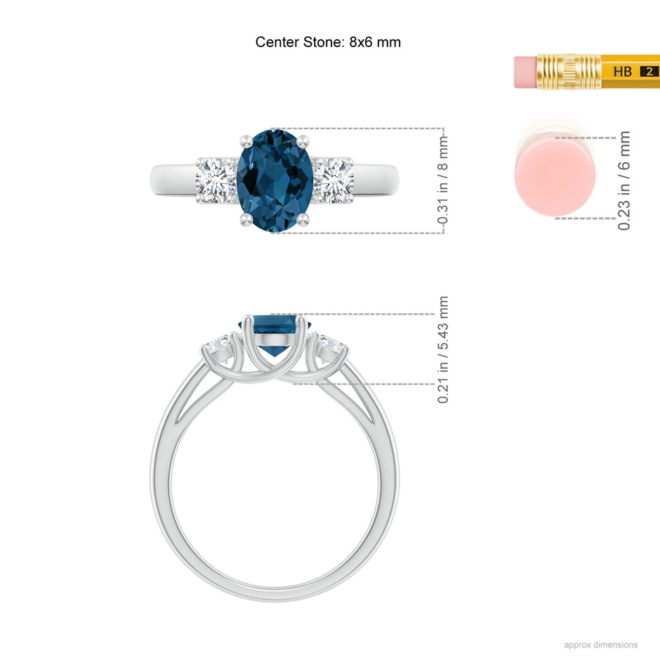 8x6mm AAA Oval London Blue Topaz and Round Diamond Three Stone Ring in White Gold ruler