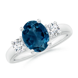 9x7mm AAAA Oval London Blue Topaz and Round Diamond Three Stone Ring in P950 Platinum