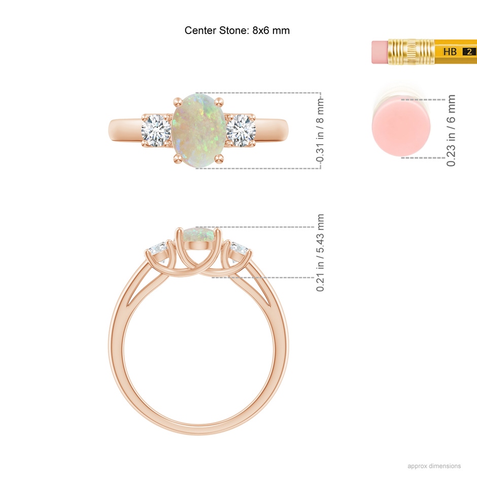 8x6mm AAA Oval Opal Ring with Diamond Accents in Rose Gold ruler