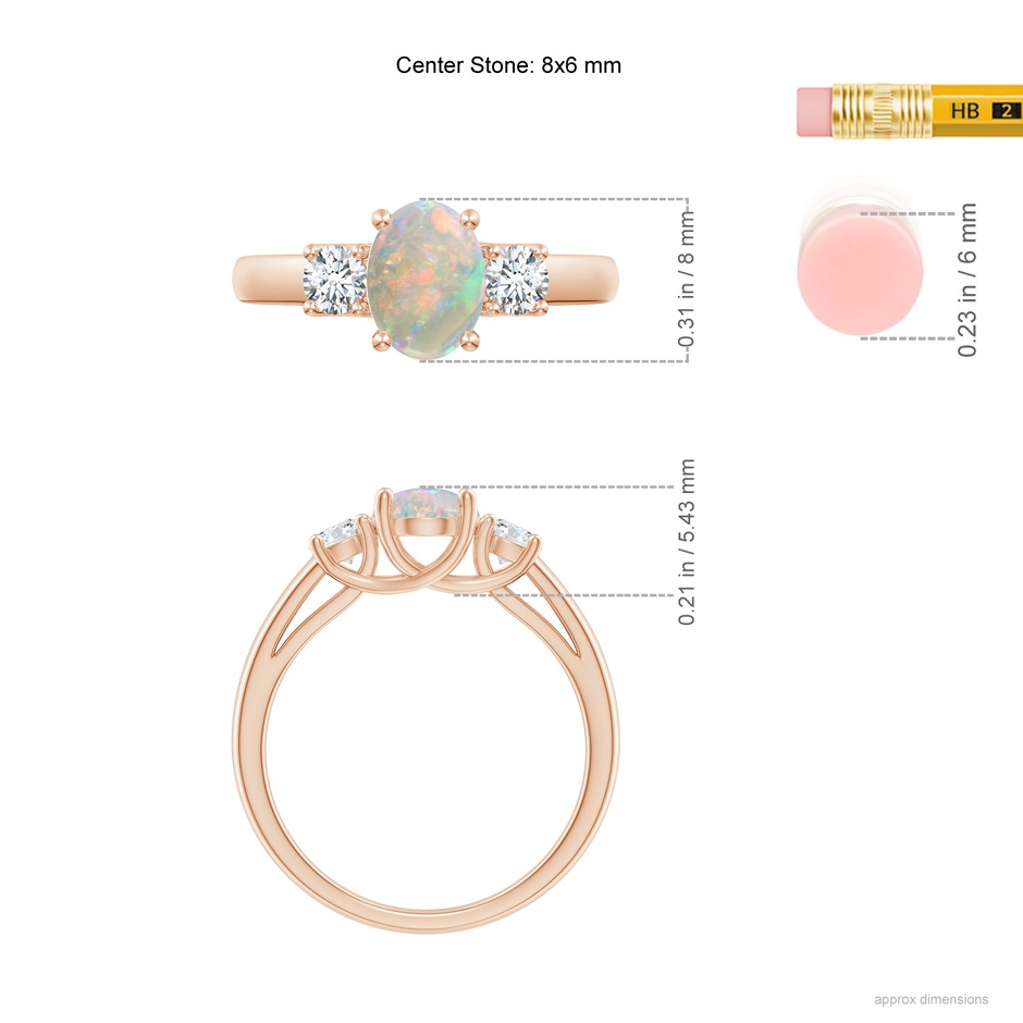 8x6mm AAAA Oval Opal Ring with Diamond Accents in Rose Gold ruler