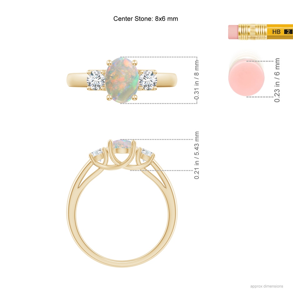 8x6mm AAAA Oval Opal Ring with Diamond Accents in Yellow Gold ruler