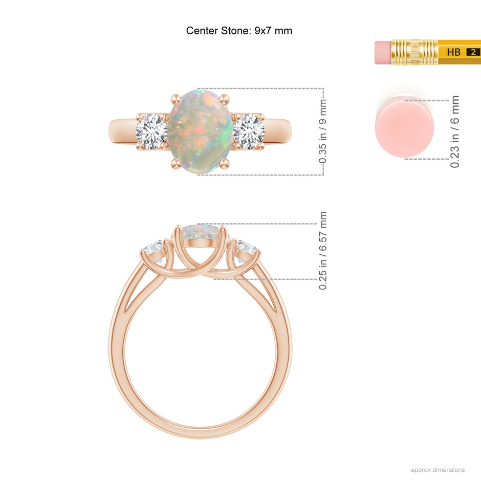 9x7mm AAAA Oval Opal Ring with Diamond Accents in Rose Gold ruler