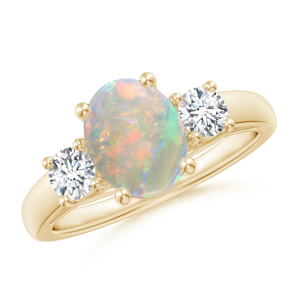 9x7mm AAAA Oval Opal Ring with Diamond Accents in Yellow Gold