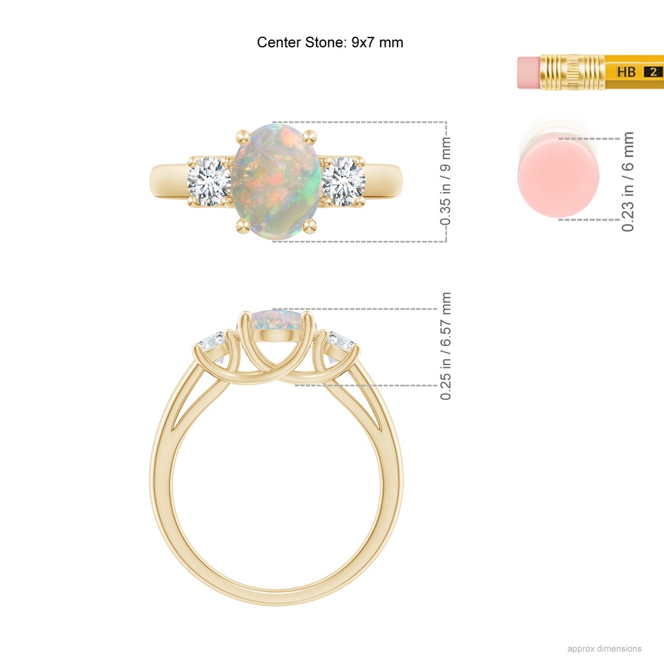 9x7mm AAAA Oval Opal Ring with Diamond Accents in Yellow Gold ruler