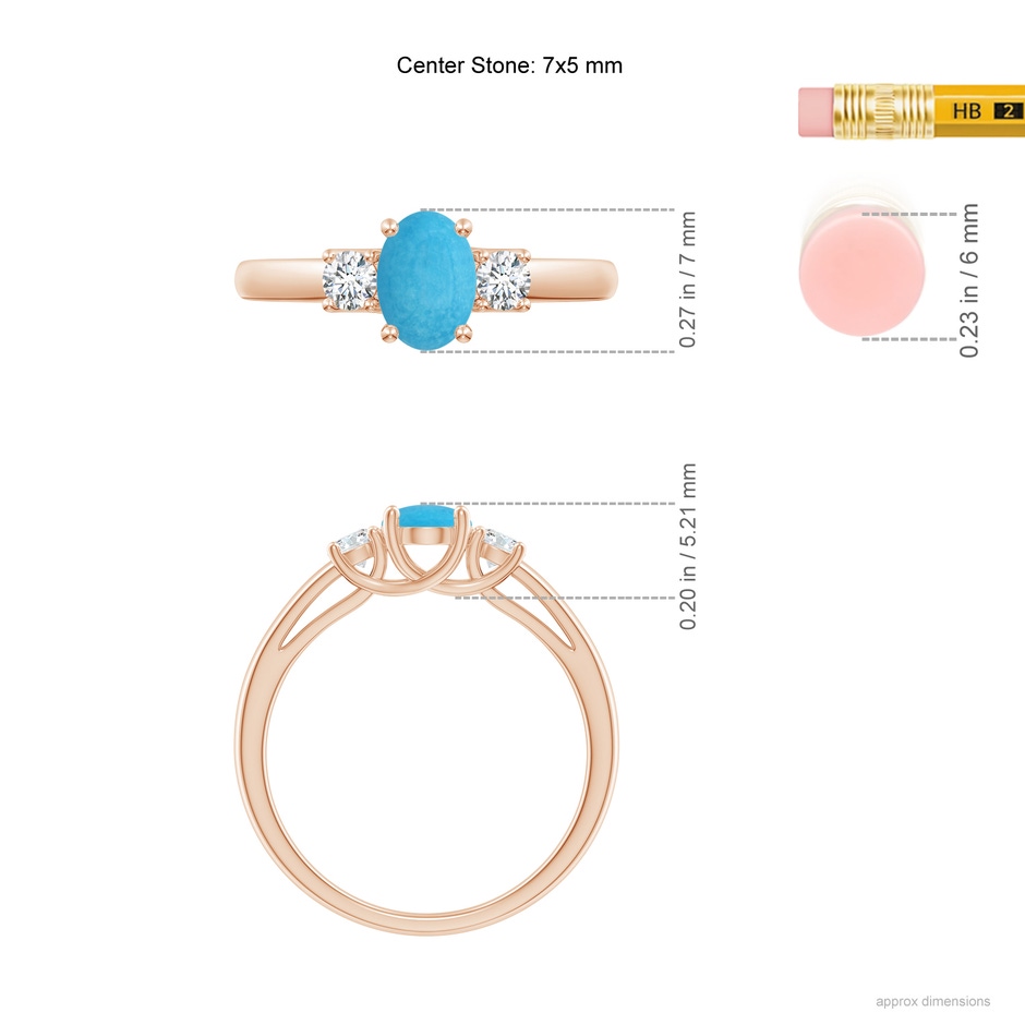 7x5mm A Oval Turquoise Ring with Diamond Accents in Rose Gold ruler