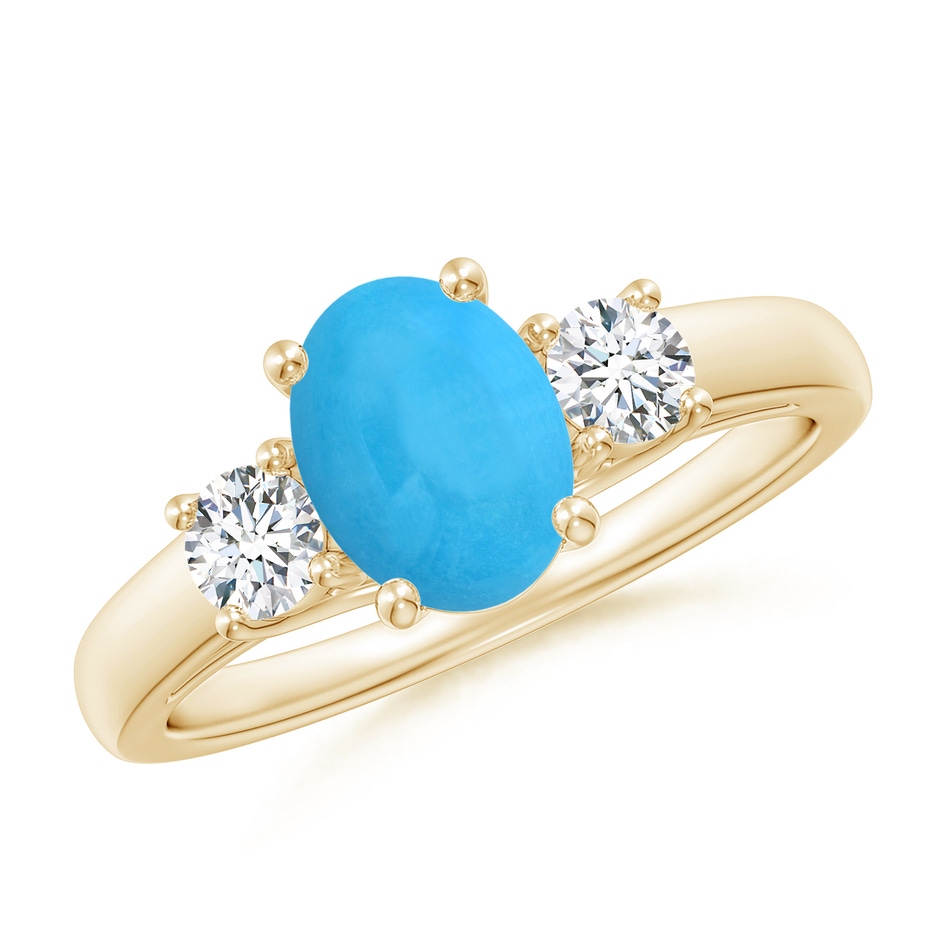 8x6mm AAA Oval Turquoise Ring with Diamond Accents in Yellow Gold 