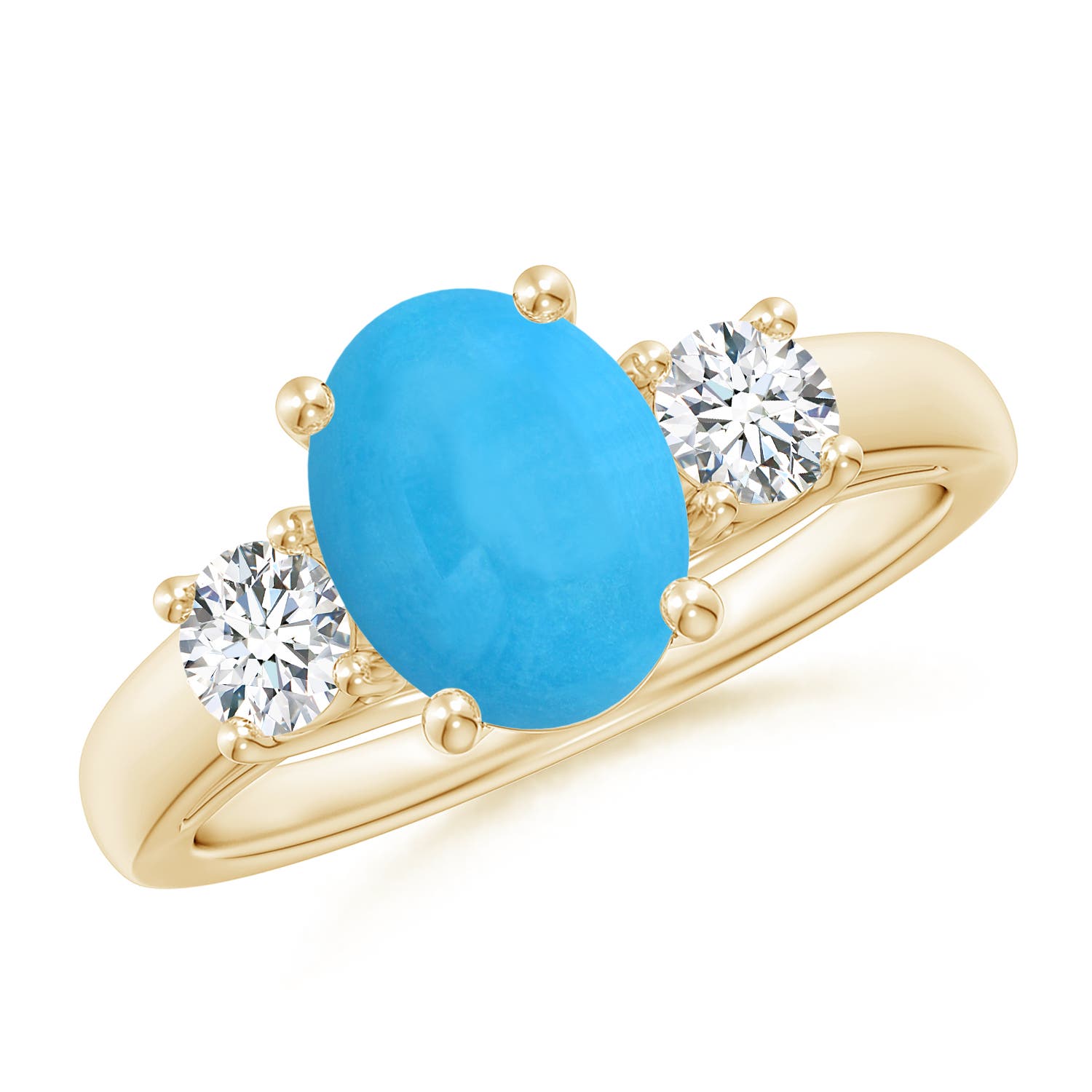 9x7mm AAA Oval Turquoise Ring with Diamond Accents in Yellow Gold