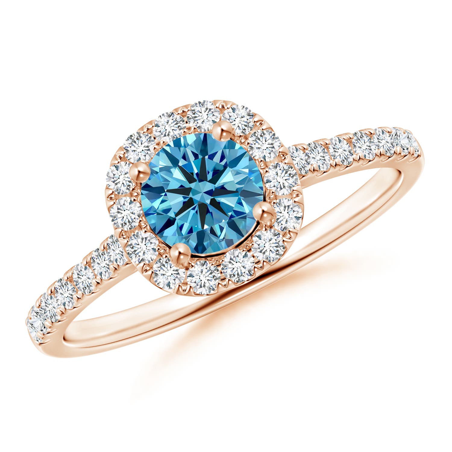 Angara 0.89 CTW Round Fancy Intense Blue Diamond Halo Engagement Ring with Accents in 18K Rose Gold