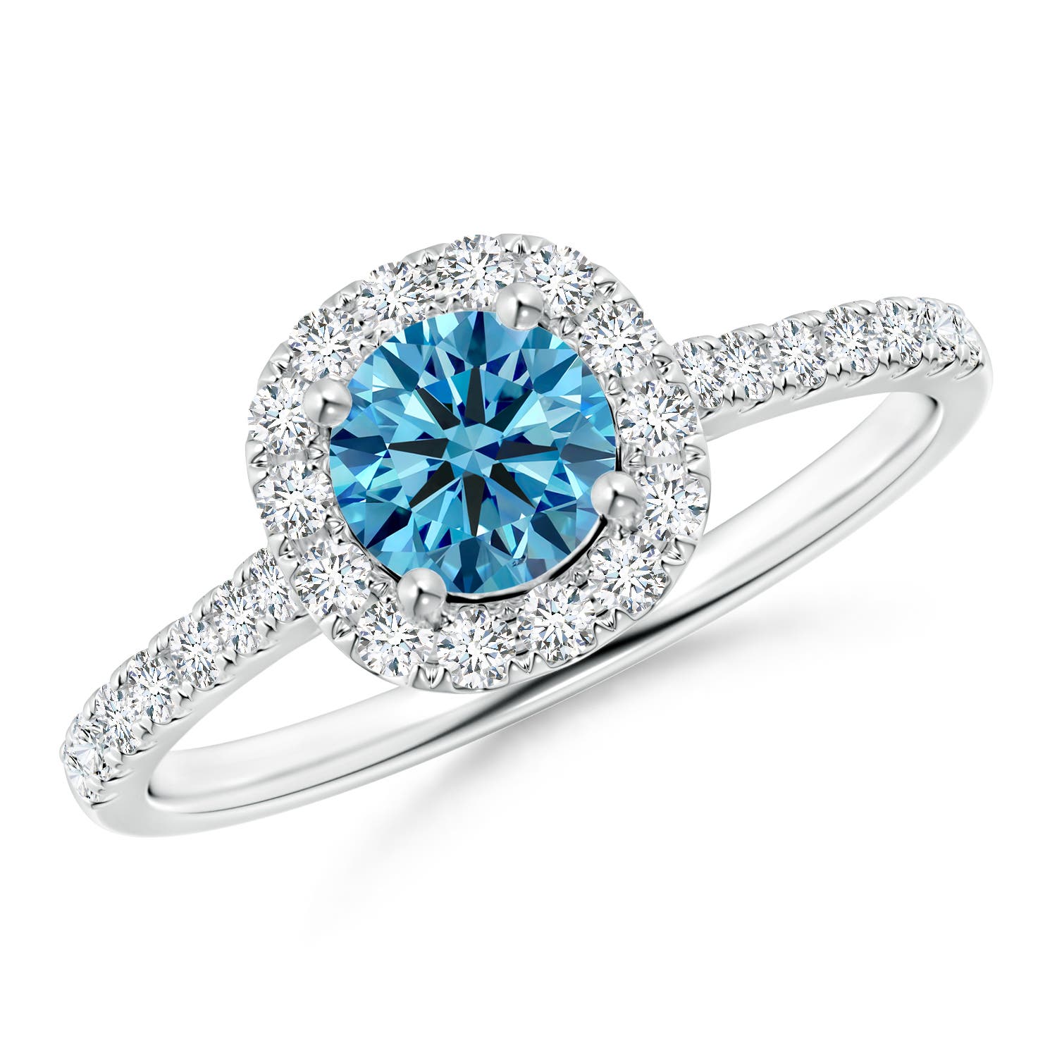 Angara 0.89 CTW Round Fancy Intense Blue Diamond Halo Engagement Ring with Accents in 18K White Gold
