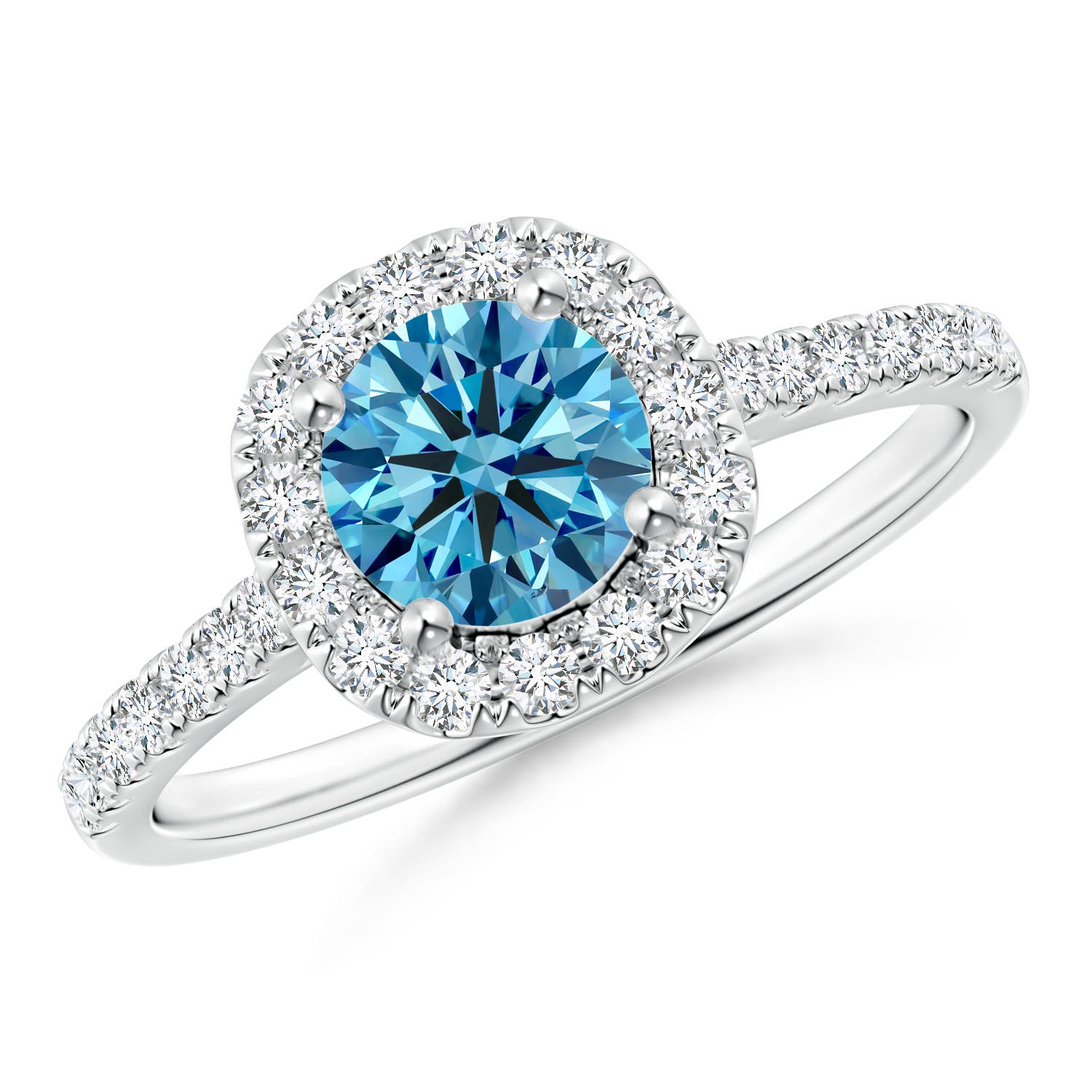 5.8mm AAAA Round Fancy Intense Blue Diamond Halo Ring with Accents in 18K White Gold