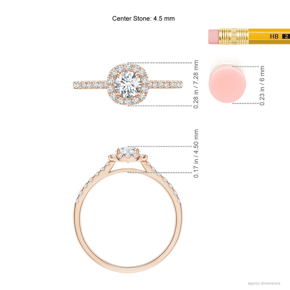 4.5mm GVS2 Round Diamond Halo Ring with Accents in Rose Gold ruler