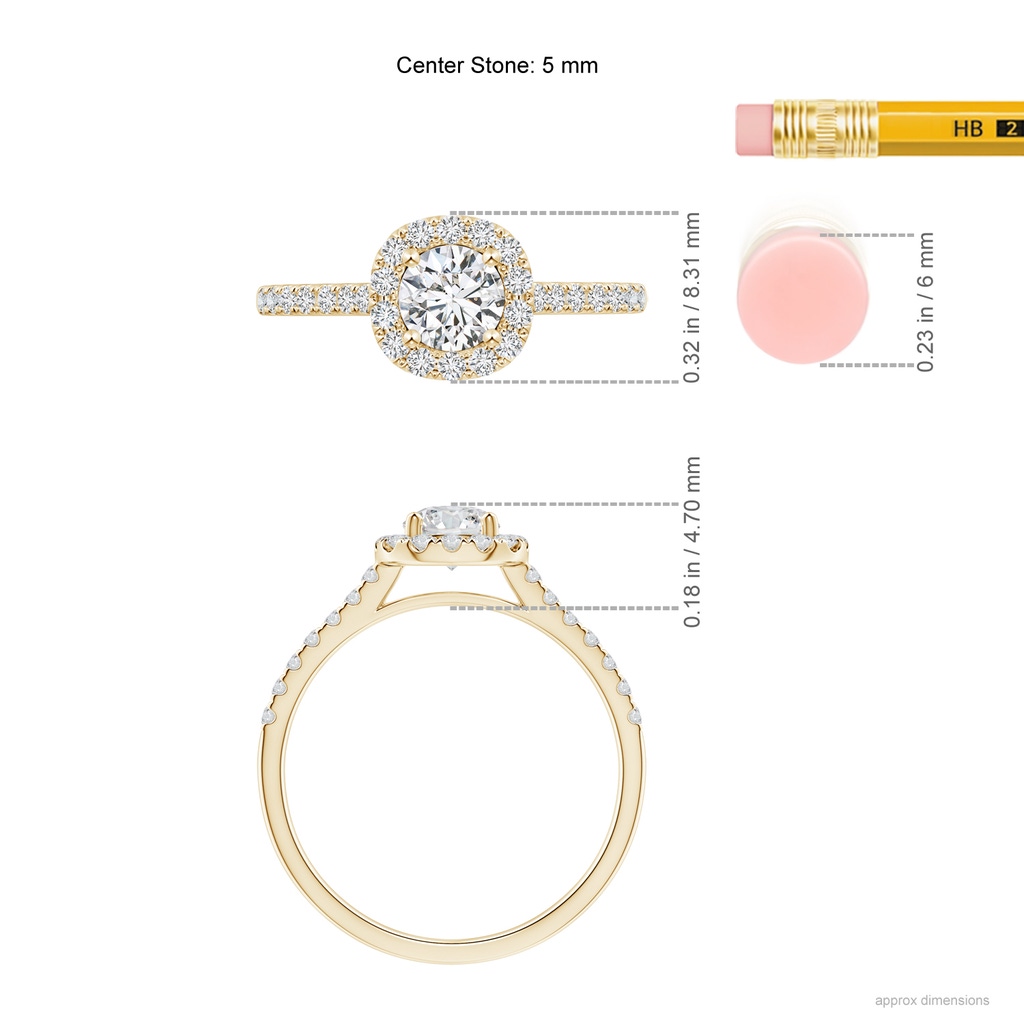 5mm HSI2 Round Diamond Halo Ring with Accents in Yellow Gold Ruler