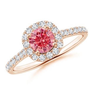 5.2mm AAAA Round Fancy Intense Pink Diamond Halo Ring with Accents in 10K Rose Gold