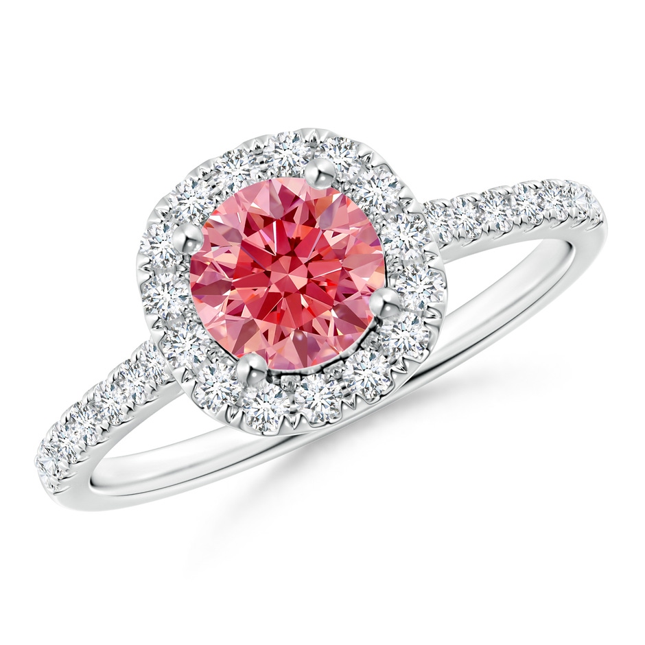 5.8mm AAAA Round Fancy Intense Pink Diamond Halo Ring with Accents in White Gold 
