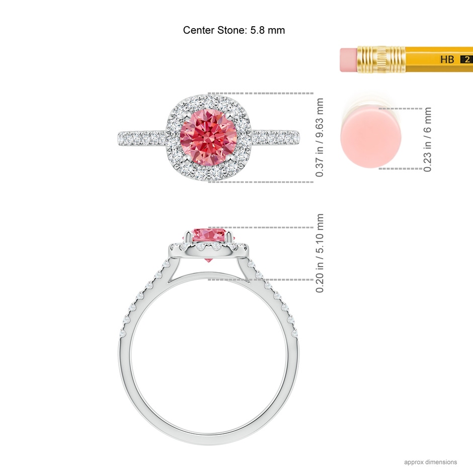 5.8mm AAAA Round Fancy Intense Pink Diamond Halo Ring with Accents in White Gold ruler