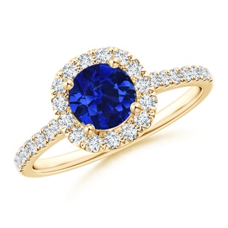 7.46-7.60x5.68mm AAA Round GIA Certified Sapphire Halo Ring with Diamond Accents in Yellow Gold