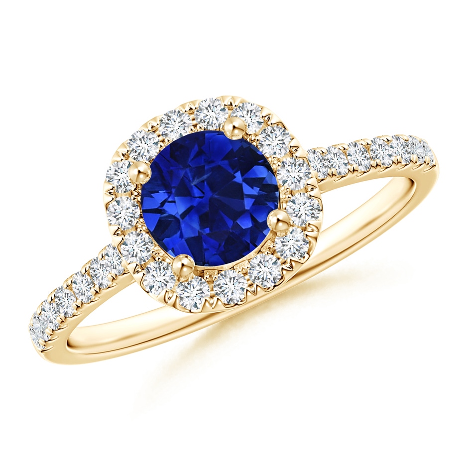 7.46-7.60x5.68mm AAA Round GIA Certified Sapphire Halo Ring with Diamond Accents in Yellow Gold 