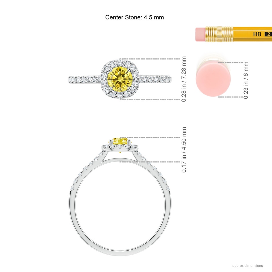 4.5mm AAAA Round Fancy Intense Yellow Diamond Halo Ring with Accents in P950 Platinum ruler