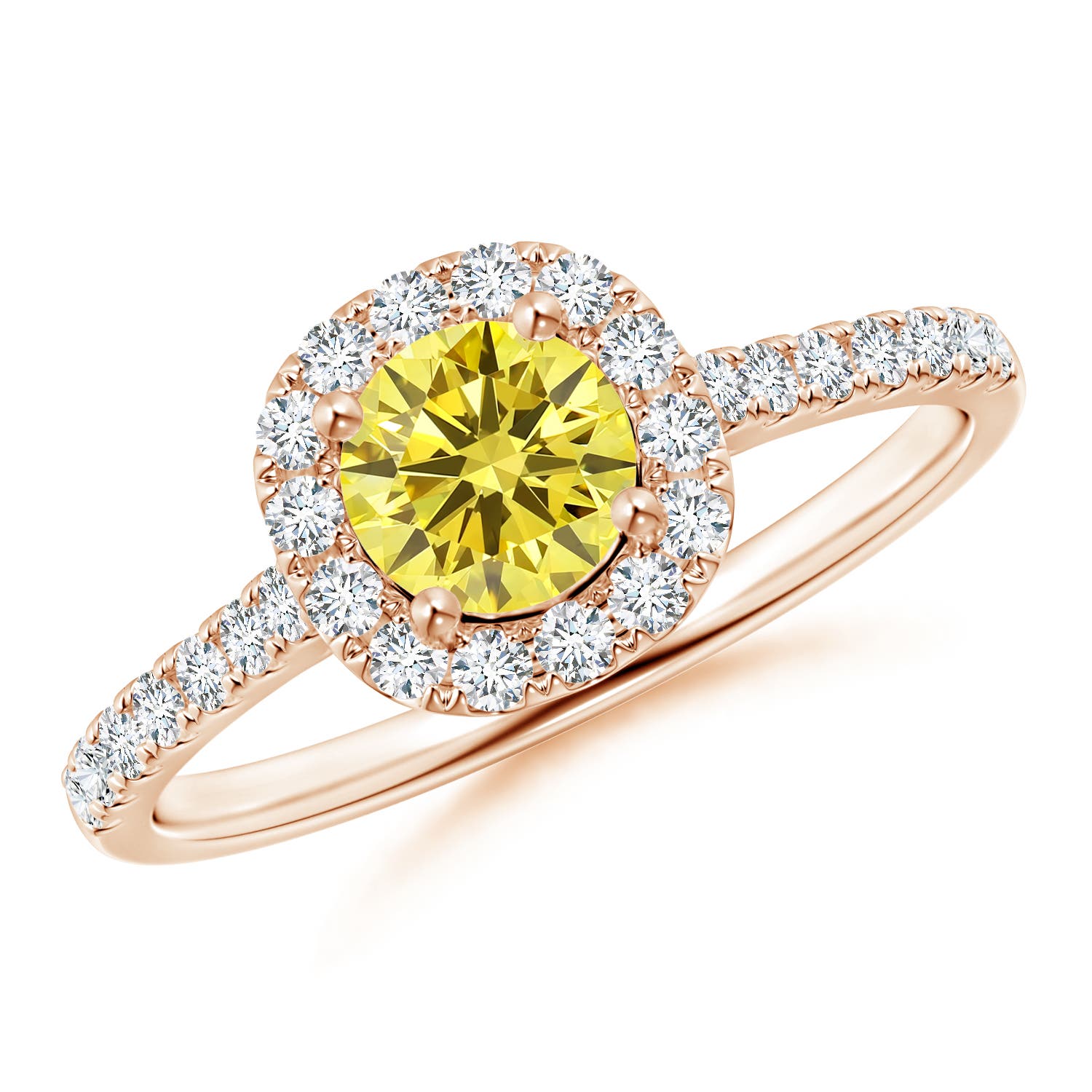 5.2mm AAAA Round Fancy Intense Yellow Diamond Halo Ring with Accents in Rose Gold