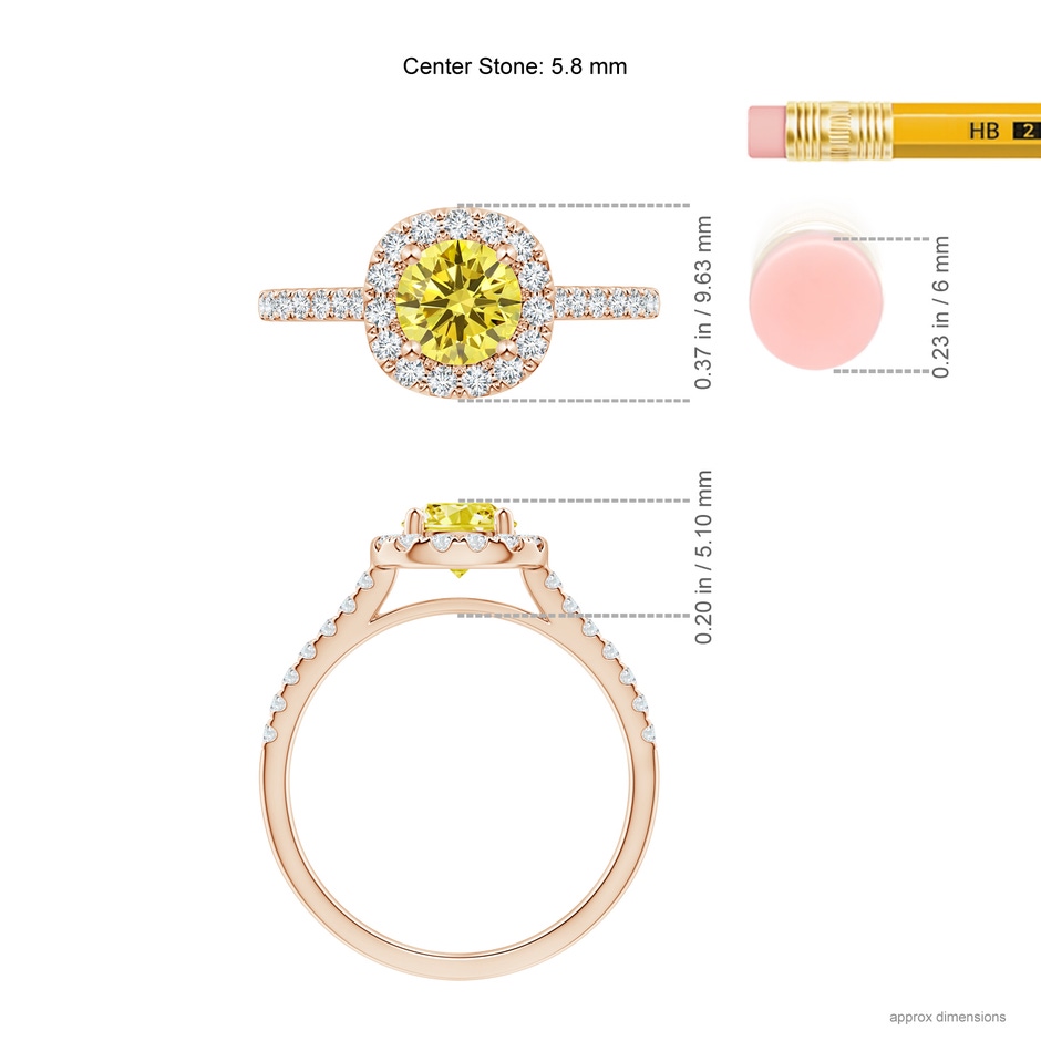 5.8mm AAAA Round Fancy Intense Yellow Diamond Halo Ring with Accents in Rose Gold ruler