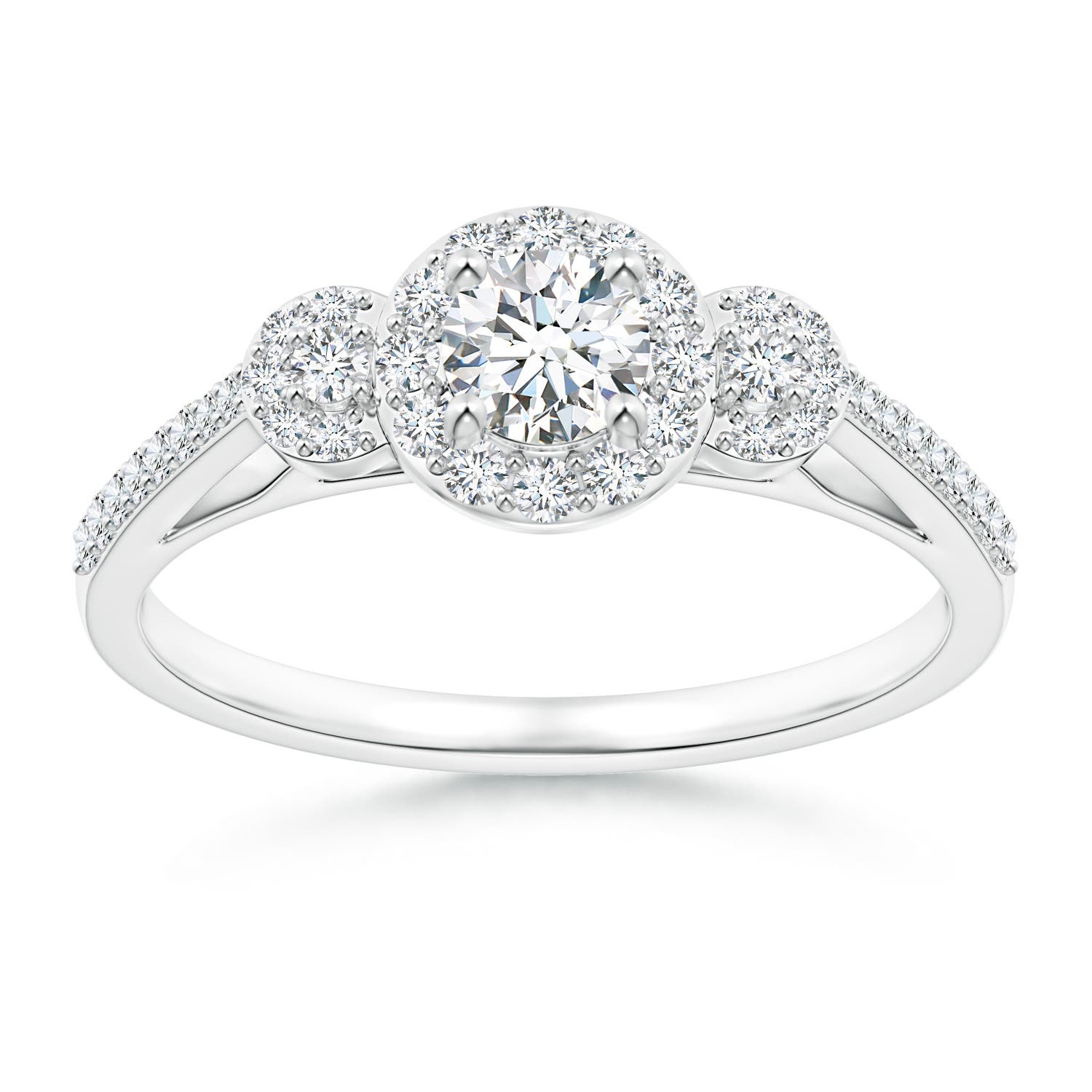 4.1mm GVS2 Three Stone Round Diamond Halo Ring in P950 Platinum