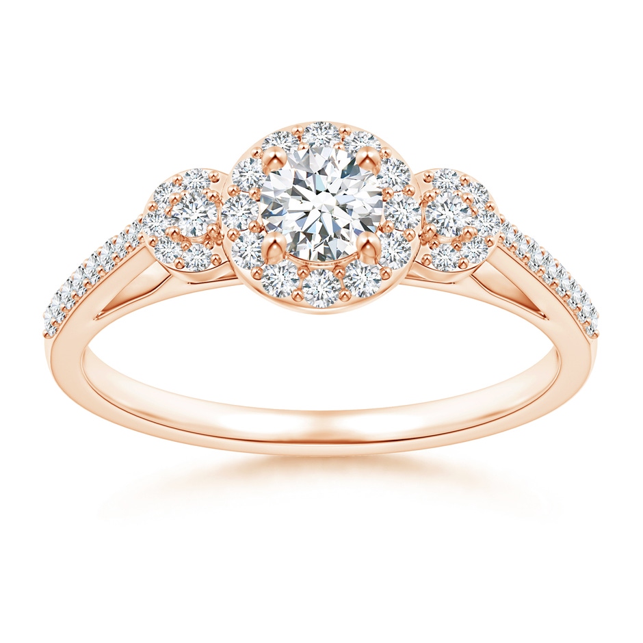 4.1mm GVS2 Three Stone Round Diamond Halo Ring in Rose Gold 