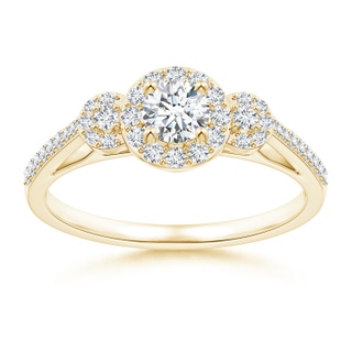 4.1mm GVS2 Three Stone Round Diamond Halo Ring in Yellow Gold