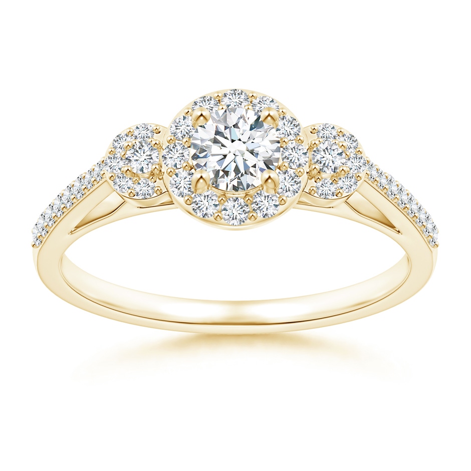 4.1mm GVS2 Three Stone Round Diamond Halo Ring in Yellow Gold 