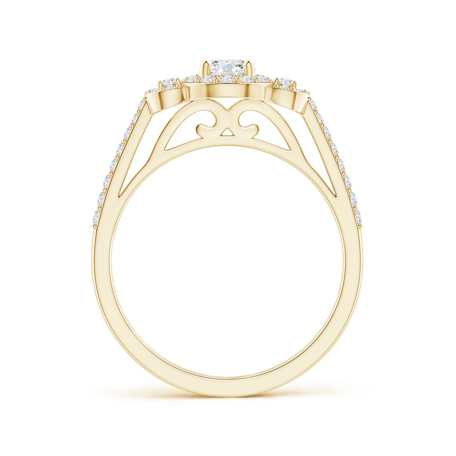 4.1mm GVS2 Three Stone Round Diamond Halo Ring in Yellow Gold product image