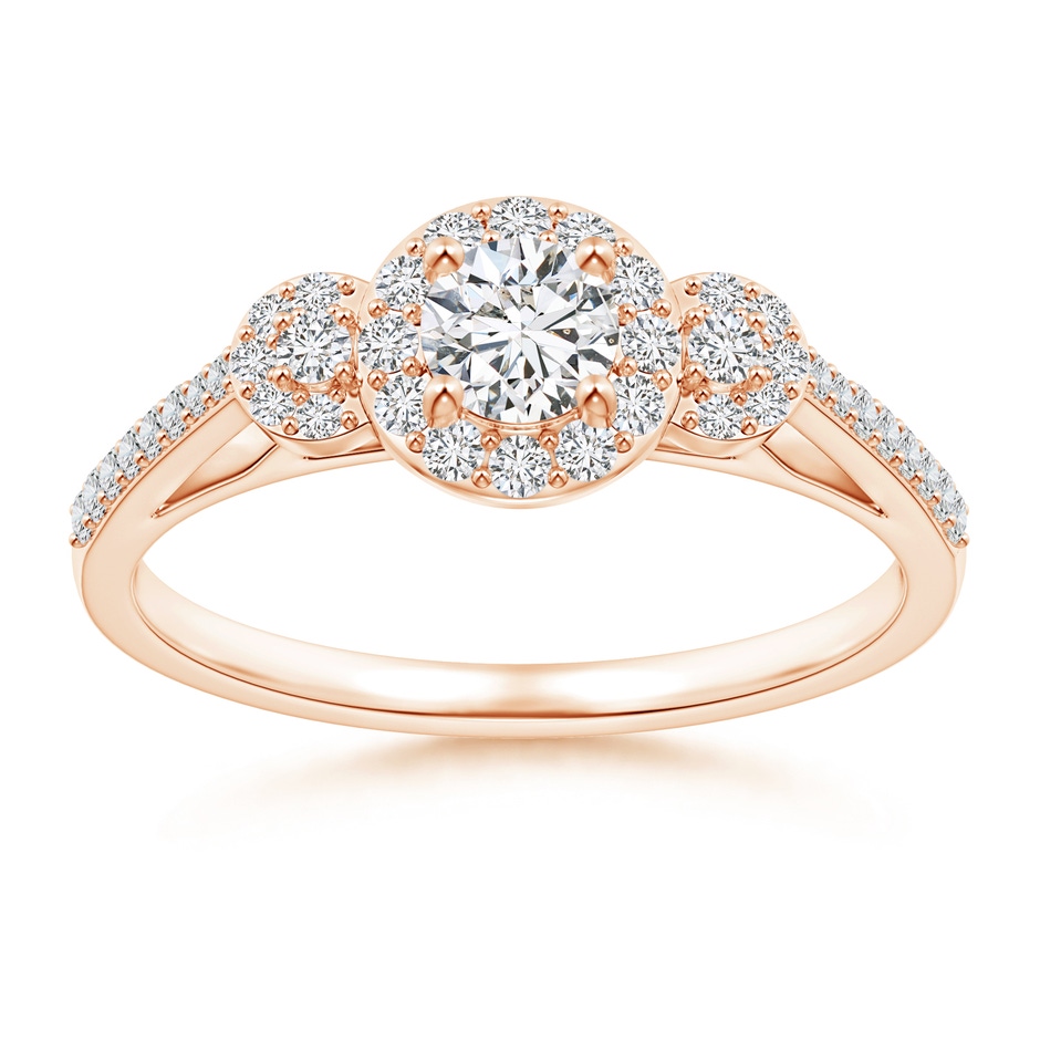 4.1mm HSI2 Three Stone Round Diamond Halo Ring in Rose Gold 