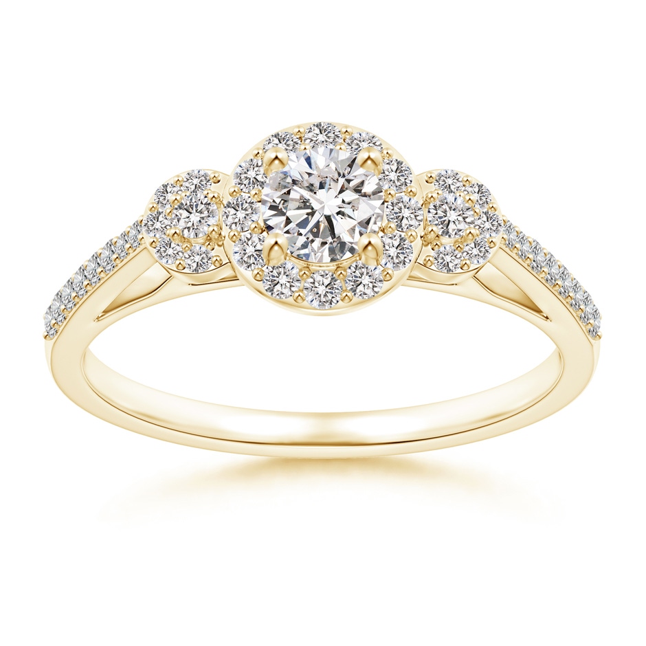 4.1mm IJI1I2 Three Stone Round Diamond Halo Ring in Yellow Gold 