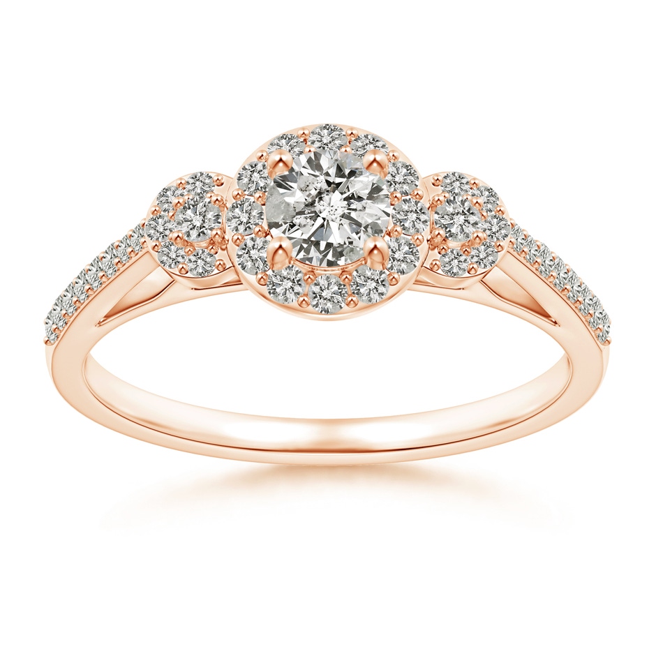 4.1mm KI3 Three Stone Round Diamond Halo Ring in Rose Gold 