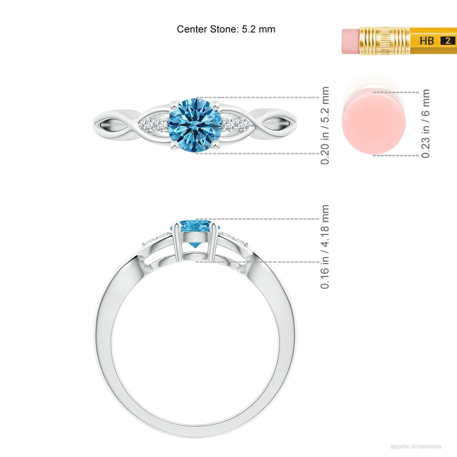 5.2mm AAAA Infinity Twist Round Fancy Intense Blue Diamond Promise Ring with Prong Set in P950 Platinum ruler