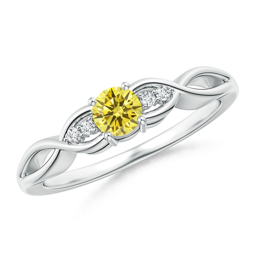 4.1mm AAAA Infinity Twist Round Fancy Intense Yellow Diamond Promise Ring with Prong Set in P950 Platinum